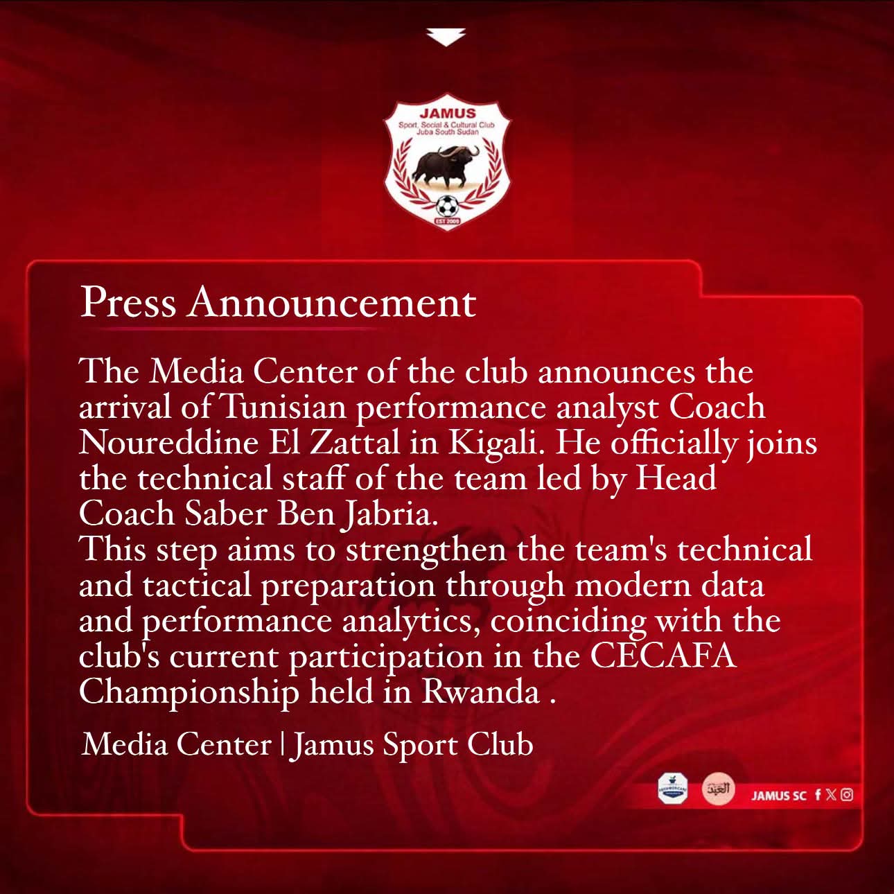 Jamus SC Appoint Tunisian Performance Analyst Noureddine El Zattal Ahead of 2026 CECAFA Club Championship