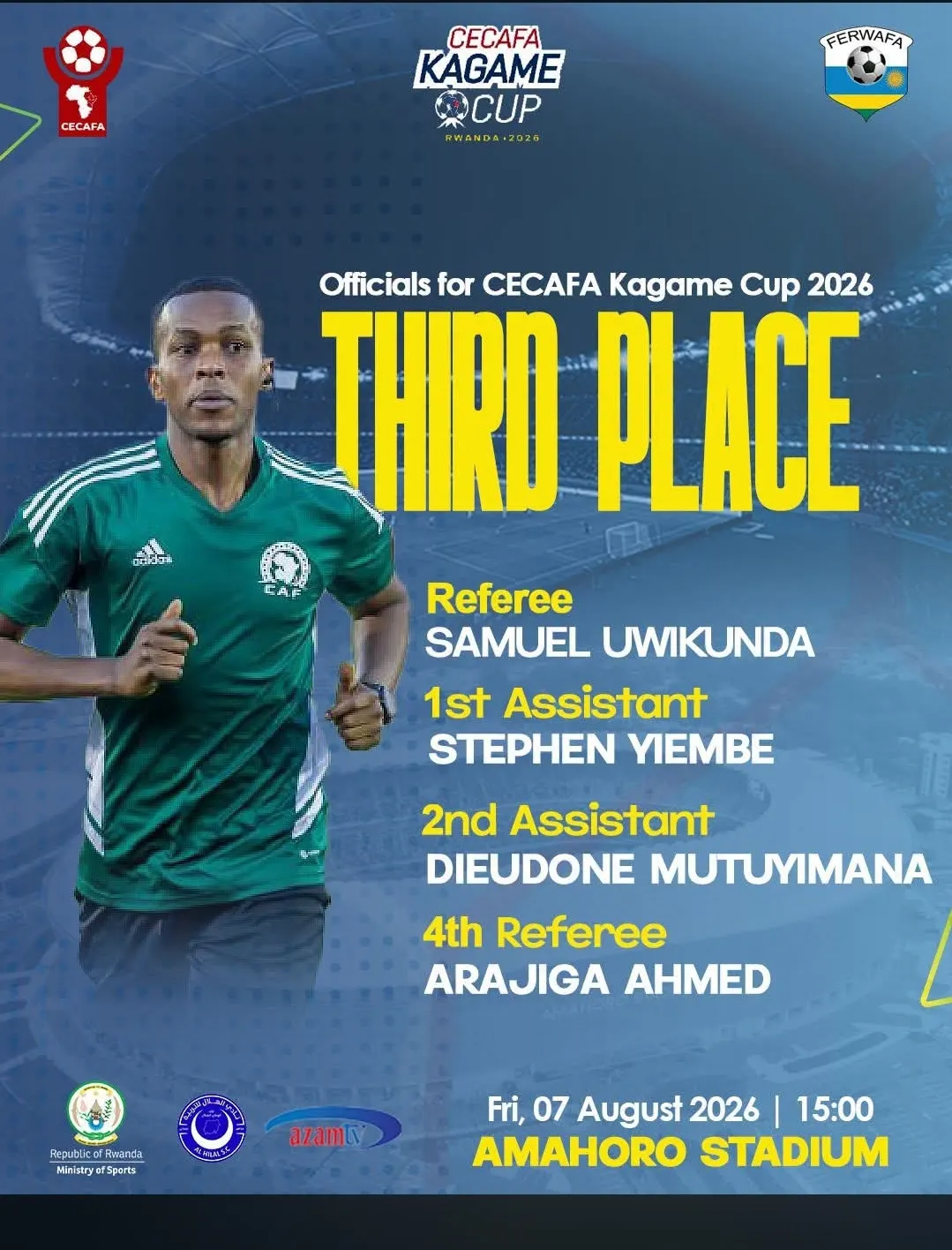 Rwandan Referee Samuel Uwikunda to Officiate Jamus SC vs Al Hilal SC in CECAFA Kagame Cup 2026 Third-Place Playoff