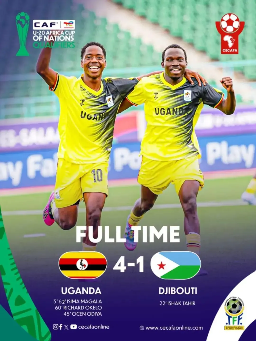 Uganda U20 Beat Djibouti 4-1 to Open CAF U20 AFCON Qualifiers With Victory
