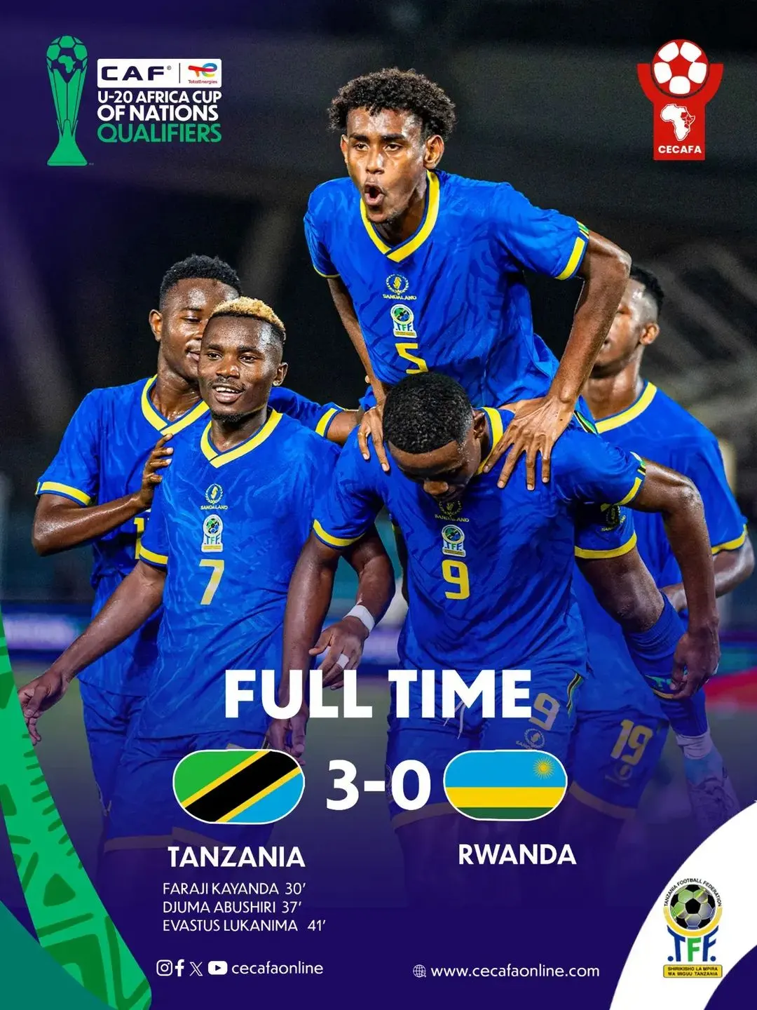 Tanzania Open CAF U20 AFCON Qualifiers With 3-0 Win Over Rwanda