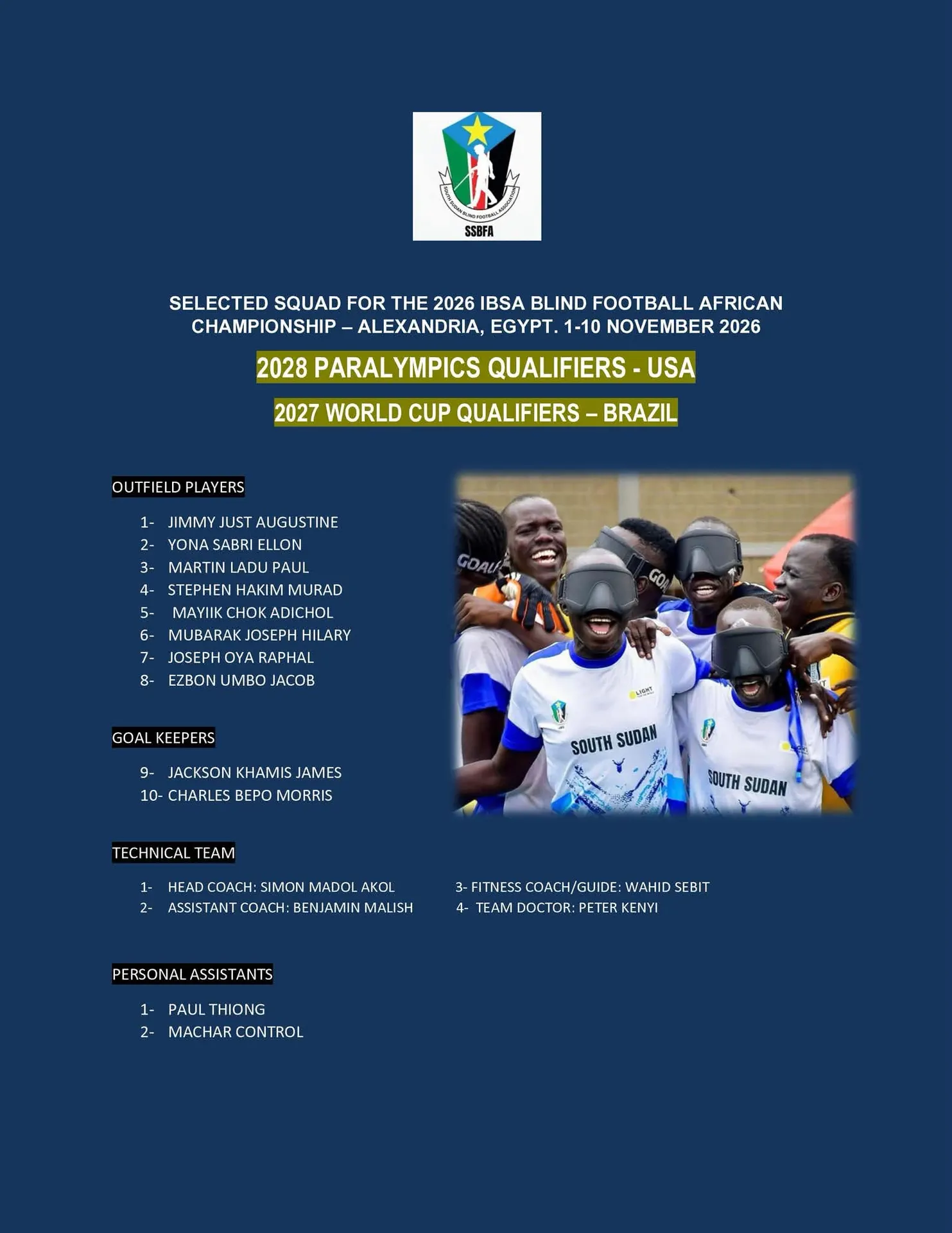 South Sudan Blind Football Squad Named for 2026 IBSA African Championship
