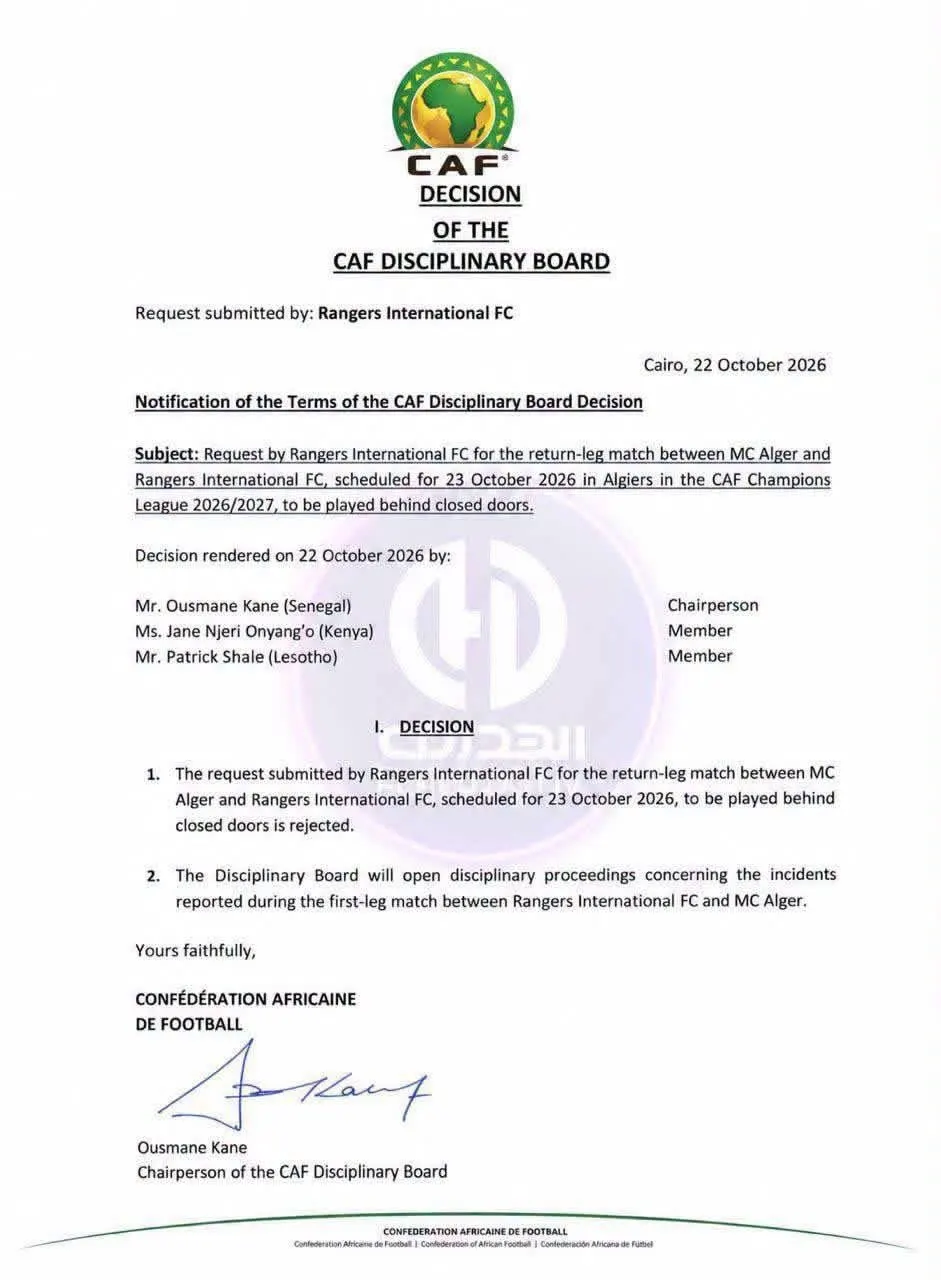 CAF Rejects Rangers’ Request for Closed-Door Clash Against MC Alger
