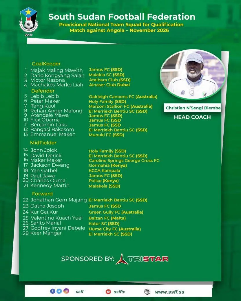 SOUTH SUDAN NAME 28-MAN SQUAD FOR ANGOLA QUALIFIER